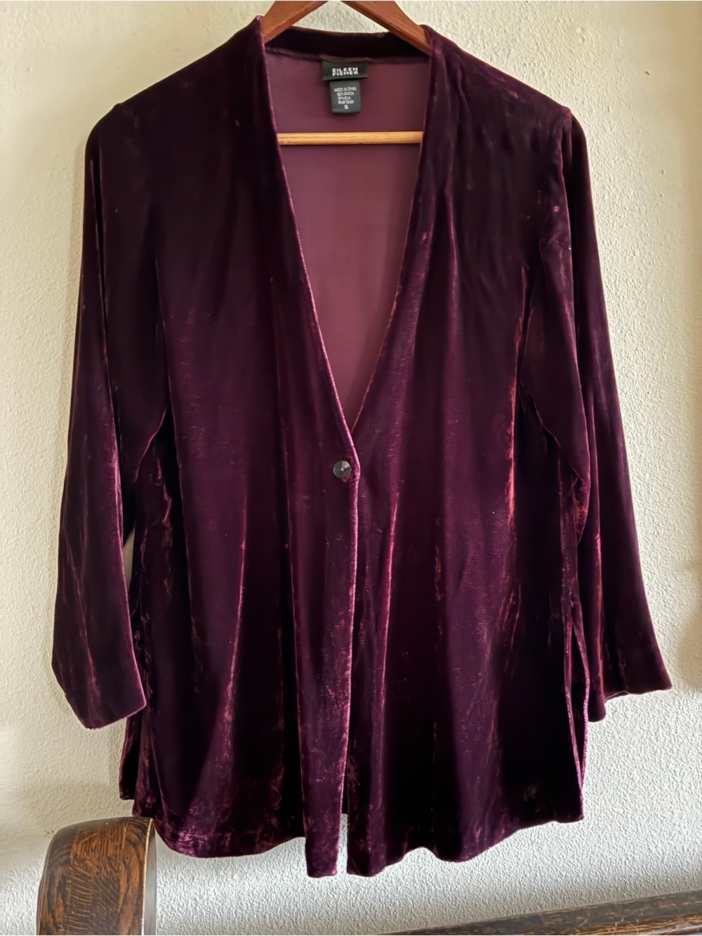Eileen Fisher Dark Purple Velvet Button V-Neck Jacket